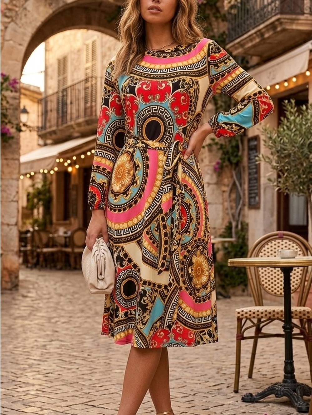 JEYREY Baroque Medallion Long Sleeve Midi Dress in Multicolor 1X